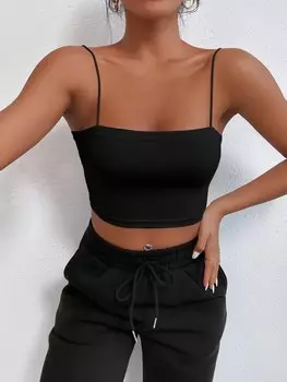 SHEIN PETITE короткая майка, приталенного кроя, однотонная, черный цвет