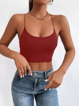 SHEIN PETITE, перекрестие, открытая спина, кроп-топ, одинарный бретель, летний, топ, красный цвет
