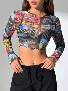 SHEIN PETITE Женская футболка, поп-принт, сетка, длинный рукав, черный цвет