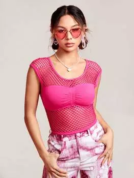 SHEIN PETITE Женский топ с оборками и вырезами, розовый фуксия
