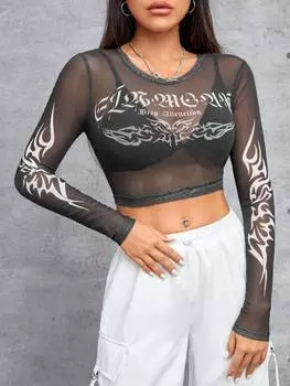 SHEIN PETITE женский топ, вырез, буквы, узор, длина, длинный рукав, короткий, черный цвет