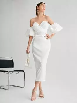 SHEIN Платье Belle, открытое плечо, накидка спереди, белый цвет