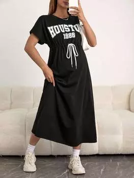 SHEIN платье для беременных, графические буквы, кулиска на талии, рукава «летучая мышь», черный цвет