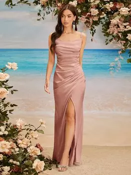 SHEIN Платье для подружки невесты Belle, воротник-стойка, плиссировка, высокий разрез, пастельно-розовый