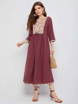 SHEIN Платье с воротником-бабочкой, мелкий цветочный узор, узор в виде блоков, полосок, красновато-коричневый/бордовый цвет