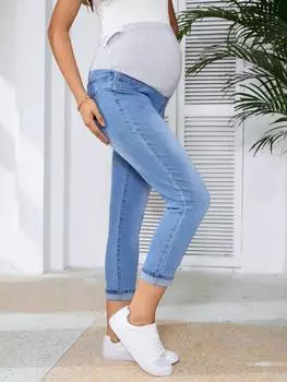 SHEIN повседневные джинсы для беременных, приталенный крой, цветные блоки, средний джинсовый цвет.