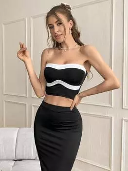 SHEIN Priv топ без бретелек в стиле колор-блок, черный и белый