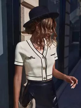 SHEIN Priv трикотажная рубашка в полоску с пуговицами спереди, белый цвет