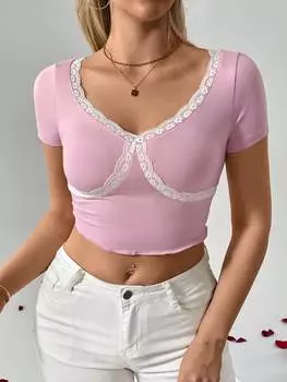 SHEIN Priv Женская футболка, кружевная сторона, приталенный крой, короткий рукав, розовый