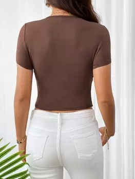 SHEIN Priv Женская коричневая футболка с короткими рукавами и U-образным вырезом, плиссированной грудью и рукавами. Элегантный и повседневный вариант для повседневной носки, коричневый цвет