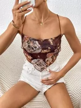 SHEIN Priv Женская майка-майка с асимметричным подолом и принтом ангела, коричневый цвет