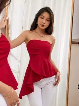 SHEIN Priv женская рубашка без бретелек, однотонная, асимметричный низ, красный цвет