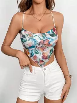 SHEIN Priv женские летние каникулы в стиле цветочного принта с асимметричным подолом, сексуальные топы на бретельках с бретелькой на шее, многоцветный