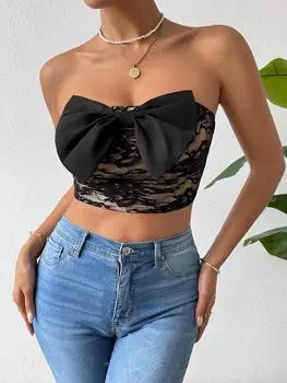 SHEIN Priv женский кружевной топ без бретелек с большим бантом, черный цвет