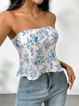 SHEIN Priv - женский летний сине-белый укороченный топ-бандо с цветочным принтом, синий и белый