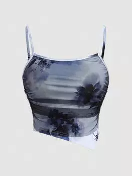 SHEIN Priv, женский летний топ-бретелька с цветочным принтом и сетчатой вставкой для вечеринок, школьного сезона, музыкальных фестивалей, выпускных Сезон, по праздникам, нарядно, многоцветный