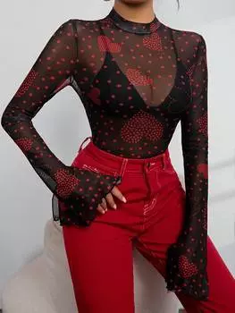 SHEIN Priv Женский топ, сердце и горошек, сетчатый узор, многоцветный