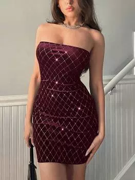 SHEIN Priv женское платье в клетку без бретелек с блестками и бриллиантами, темно-белый/бордовый