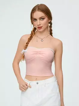 SHEIN Qutie кружевной топ без бретелек в балетном стиле для женщин, пастельно-розовый