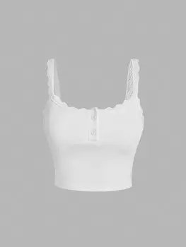 SHEIN Qutie, однотонный цвет, кружевной край, бретельки-спагетти Майка на бретельках, белый цвет