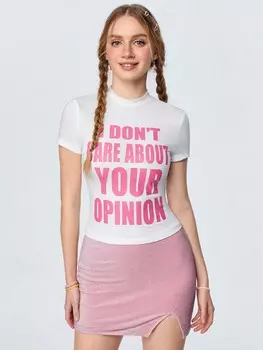 SHEIN Qutie женская футболка облегающего кроя, белая, с принтом-слоганом и деталями из газа, белый цвет