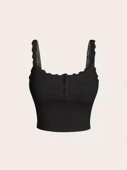 SHEIN Qutie женская простая однотонная майка на бретельках с кружевной отделкой и пуговицами, черный цвет
