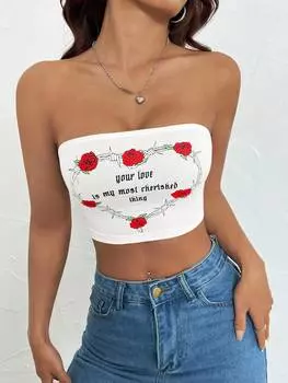 SHEIN Рубашка без бретелек EZwear, белый, трикотаж, узор, белый цвет