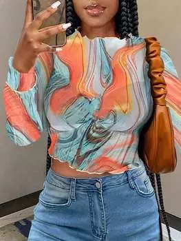 SHEIN Slayr оранжевый топ с пышным узором, круглый вырез, длинные рукава, укороченный, многоцветный