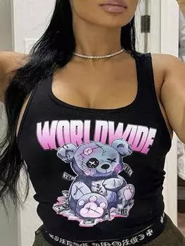 SHEIN Slayr Повседневная передняя часть с U-образным вырезом в виде медведя с английскими буквами и черным принтом в полоску, обтягивающая укороченная женская майка - H, черный цвет