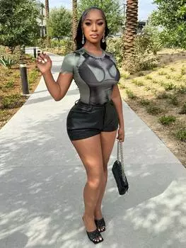 SHEIN Slayr с цветочным принтом женская летняя облегающая футболка с круглым вырезом и коротким рукавом, темно-зеленый