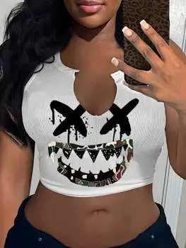 SHEIN Slayr женский летний укороченный топ, приталенного кроя, с принтом в виде смайликов, V-образным вырезом с вырезом, белый цвет