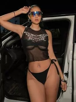 SHEIN Swim Event Женский купальник, накидка, узор крест и бабочка, полупрозрачная сетка, черный цвет