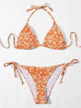 SHEIN Swim Mod, сексуальный комплект бикини с лямкой на шее, женский летний пляжный комплект с цветочным принтом, случайный принт, оранжевый цвет