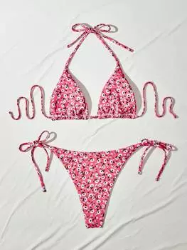 SHEIN Swim Mod, сексуальный комплект бикини с лямкой на шее, женский летний пляжный комплект с цветочным принтом, случайный принт, розовый
