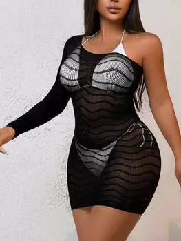 SHEIN Swim SXY прозрачное мини-платье узкого кроя и куртка для женщин, черный цвет