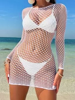 SHEIN Swim Vcay ажурное пляжное платье с круглым вырезом и длинными рукавами для летнего отдыха, белый цвет
