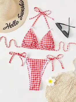 SHEIN Swim Vcay женский красно-белый клетчатый купальник с завязкой на шее, комплект бикини, для лета, пляжа и плавания, красный цвет