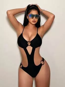SHEIN Swim Женский цельный ажурный купальник на тонких бретельках, черный, черный цвет