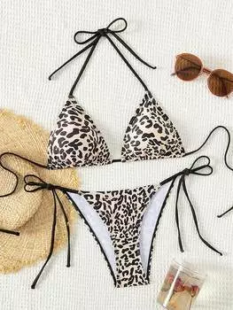 SHEIN Swim женский комплект бикини с воротником-халтер на шнуровке и леопардовым принтом, карнавальный комплект, многоцветный