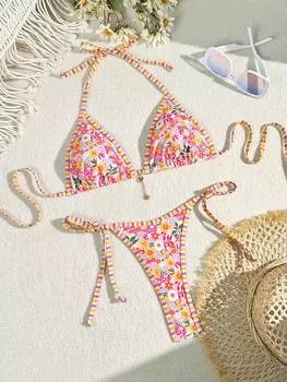 SHEIN Swim Женский летний пляжный комплект бикини с завязками по бокам, многоцветный