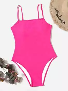 SHEIN Swim женский однотонный цельный купальник Стиль летнего пляжного отдыха, розовая фуксия