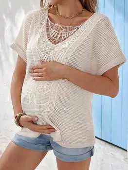 SHEIN Свободная футболка с круглым вырезом и короткими рукавами для беременных мам для отдыха на острове, хаки