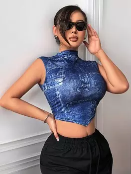 SHEIN SXY Летний укороченный топ без рукавов нестандартного дизайна, сексуальный однотонный топ с лямкой на шее, цвет синий