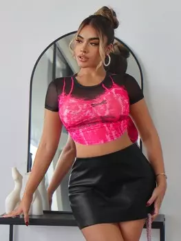 SHEIN SXY Наряды для девичника и концерта Женский повседневный летний топ с кружевной отделкой, бюстгальтер с принтом, боковыми разрезами, рюшами с короткими рукавами и укороченной футболкой, черный цвет