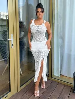 SHEIN SXY Однотонное платье без рукавов со рюшами сзади и кружевной отделкой на бретелях, белый цвет