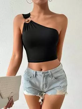 SHEIN SXY, приталенный топ на одно плечо с круглыми деталями, черный цвет