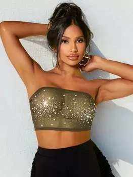 SHEIN SXY Сексуальный клубный наряд укороченный топ без рукавов со стразами, темно-зеленый