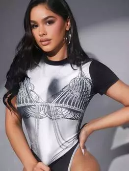 SHEIN SXY женская футболка, боди, кружевной узор, контрастного цвета, короткий рукав, многоцветный