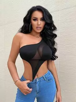 SHEIN SXY Женская летняя простая повседневная контрастная сетчатая майка на одно плечо, черный цвет