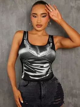 SHEIN SXY Женская сексуальная майка с кружевным принтом по телу, черный и белый
